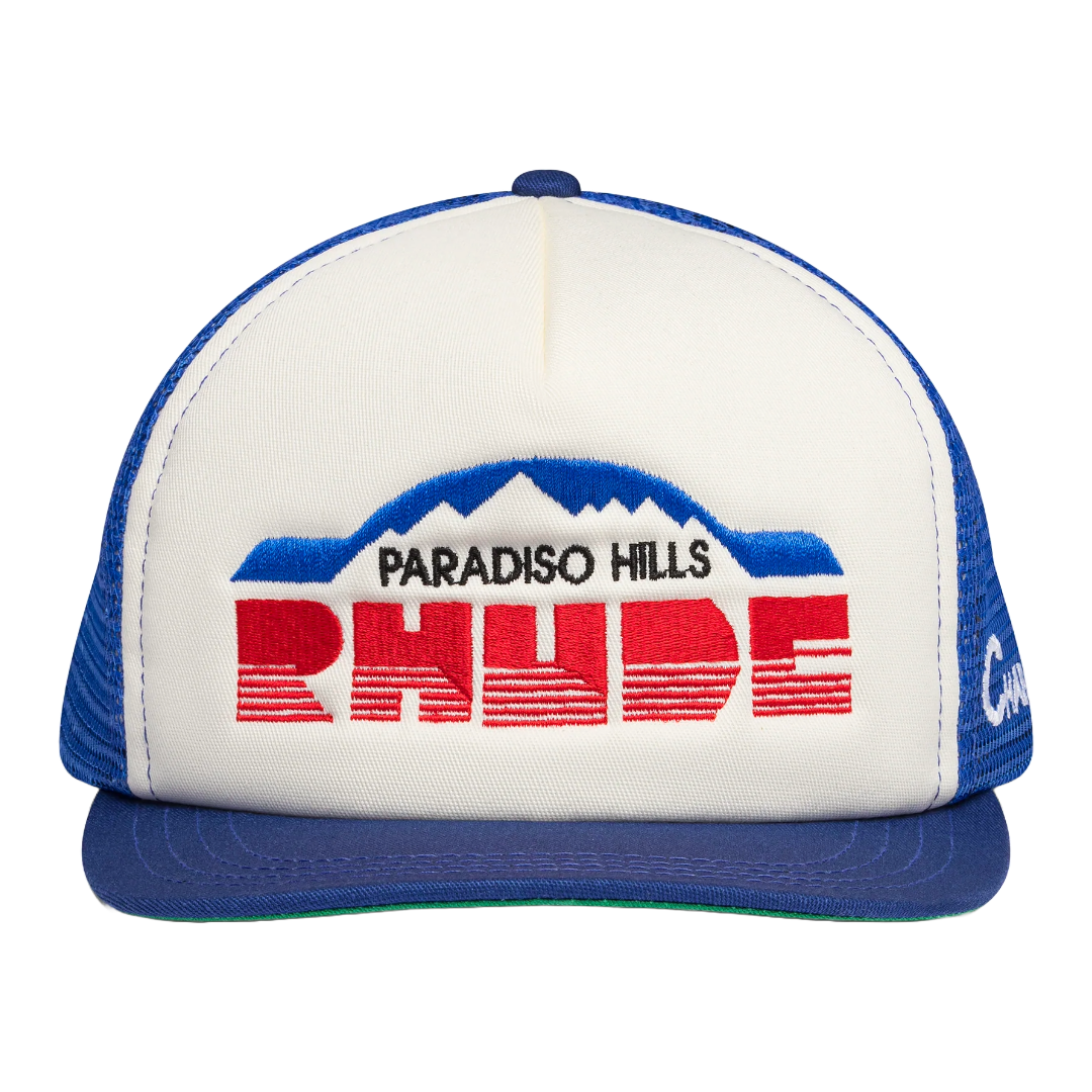 RHUDE PARADISO HILLS TRUCKER HAT INDIGO