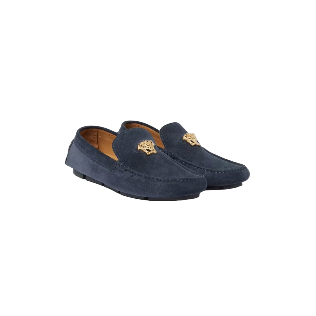 VERSACE LA MEDUSA STUDDED GRECA VELVET DRIVER SUEDE SHOES NAVY