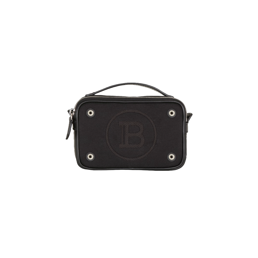 BALMAIN MINI REPORTER BAG IN CANVAS AND LEATHER