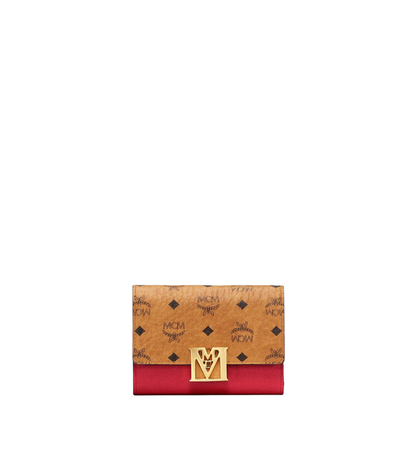 MCM MENA TRIFOLD WALLET IN VISETOS IN LEATHER BLOCK RUBY RED