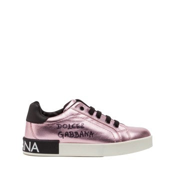 DOLCE & GABBANA KIDS LAMINATED LAMBSKIN PORTOFINO CUSTOM SNEAKERS WITH LOGO PRINT PINK-BLACK