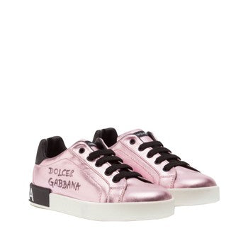 DOLCE & GABBANA KIDS LAMINATED LAMBSKIN PORTOFINO CUSTOM SNEAKERS WITH LOGO PRINT PINK-BLACK