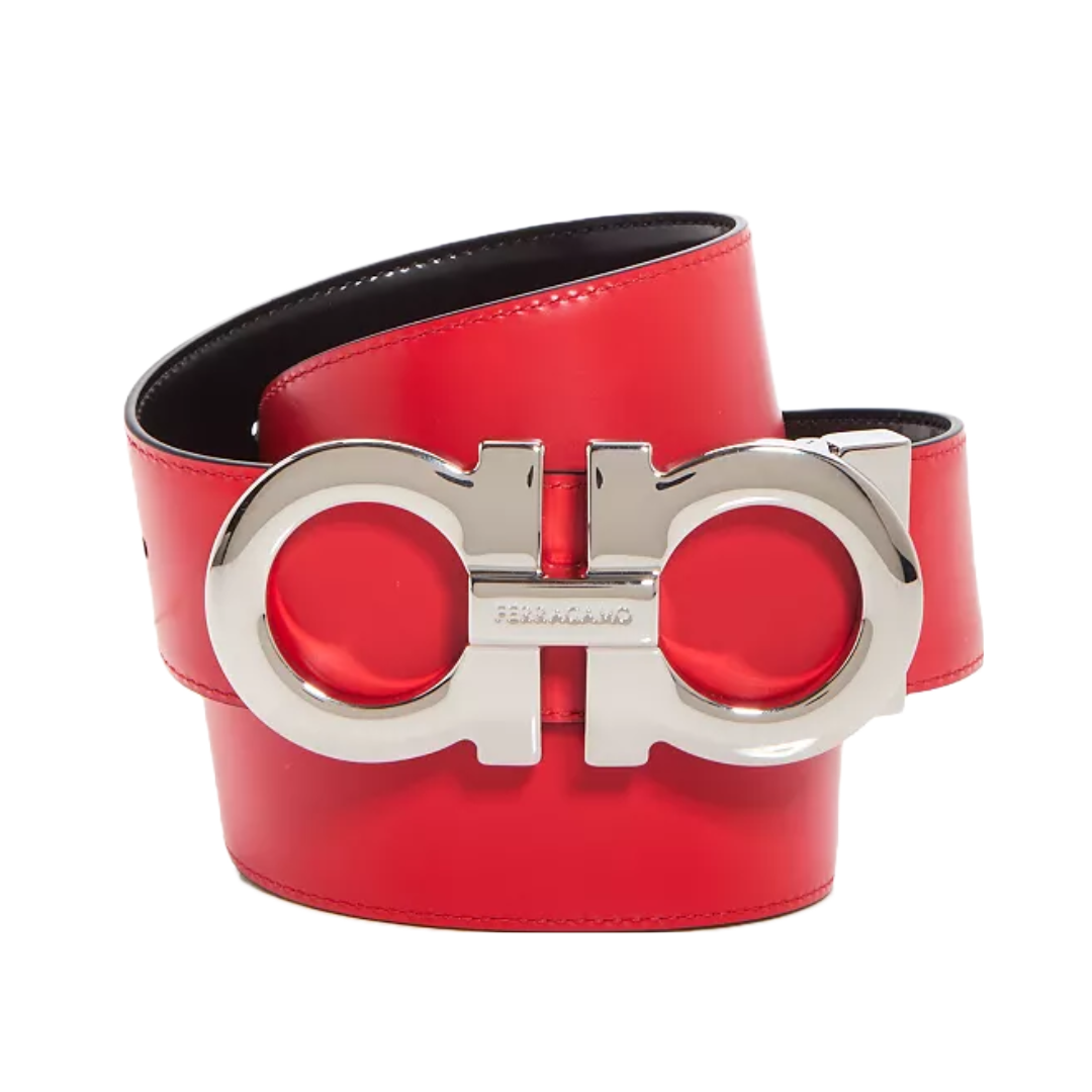 FERRAGAMO REVERSIBLE AND ADJUSTABLE LOGO BUCKLE BLACK/RED LEATHER BELT