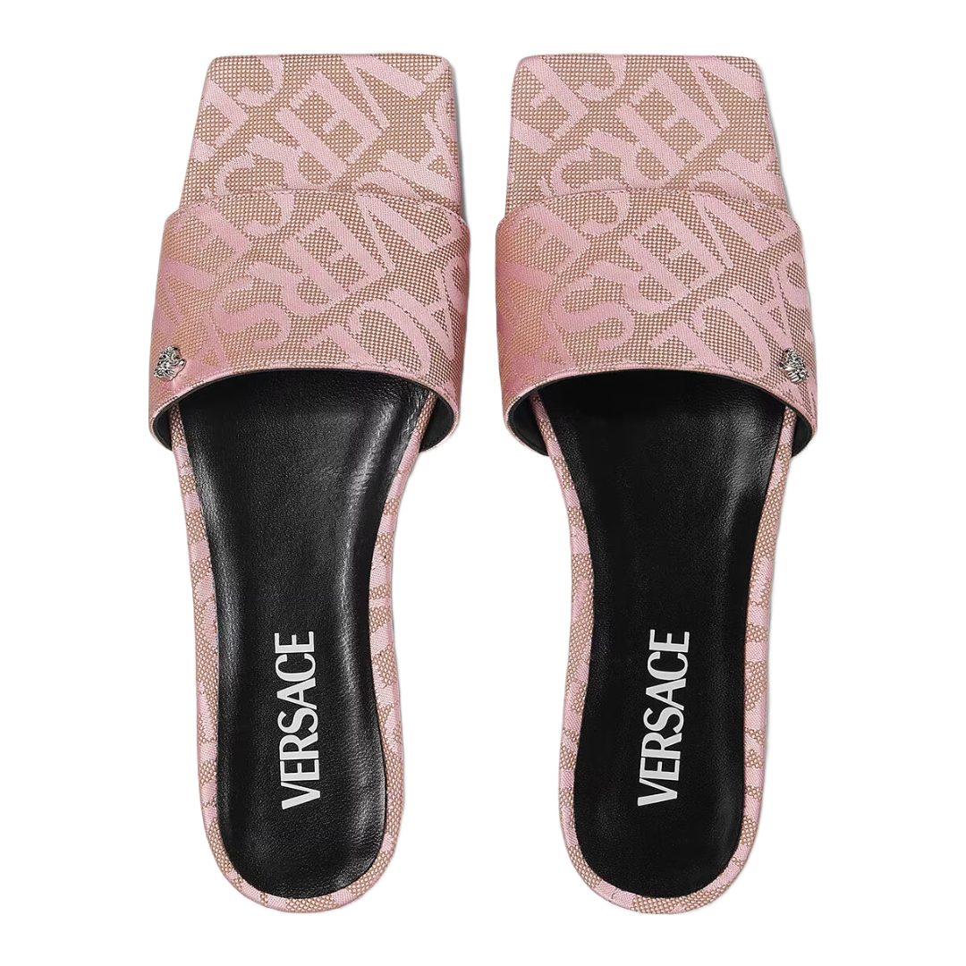 VERSACE WOMENS ALLOVER FLAT SANDALS PINK/BEIGE