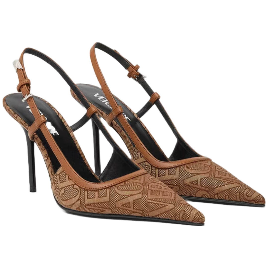 VERSACE WOMEN'S ALLOVER SLING BACK PUMPS BROWN