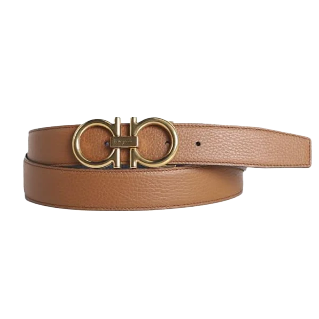 FERRAGAMO REVERSIBLE AND ADJUSTABLE GANCINI BELT BROWN/BLACK/GOLD BUCKLE