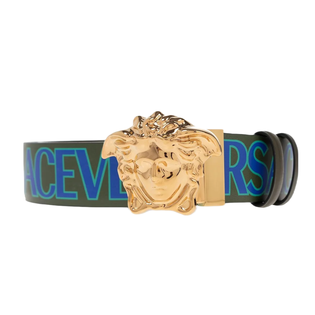 VERSACE LOGO ALL OVER REVERSIBLE BELT MILITARY GREEN/BLUE