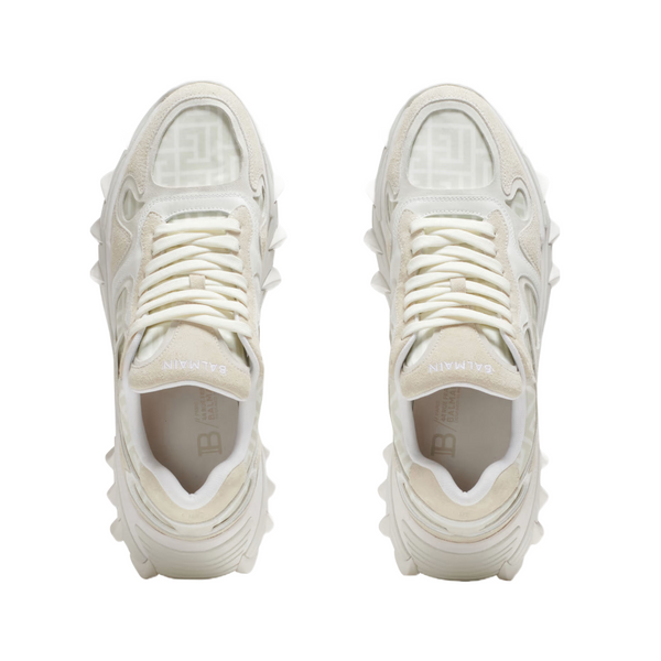 BALMAIN B-EAST MONOGRAMMED NYLON AND LEATHER TRAINERS IN CREME