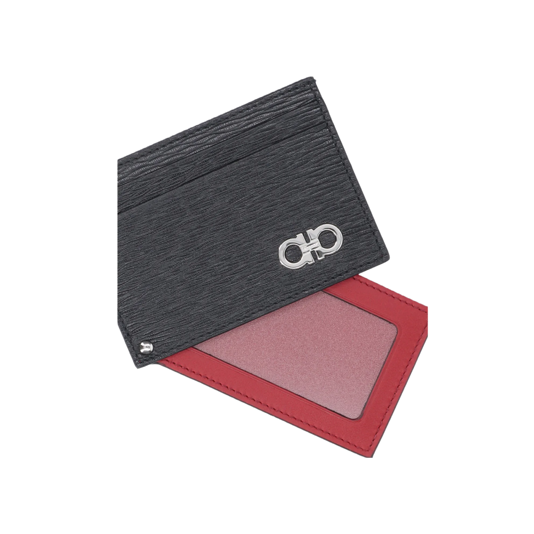 FERRAGAMO GANCINI CARD HOLDER WITH PULL-OUT ID WINDOW BLACK/BURGUNDY