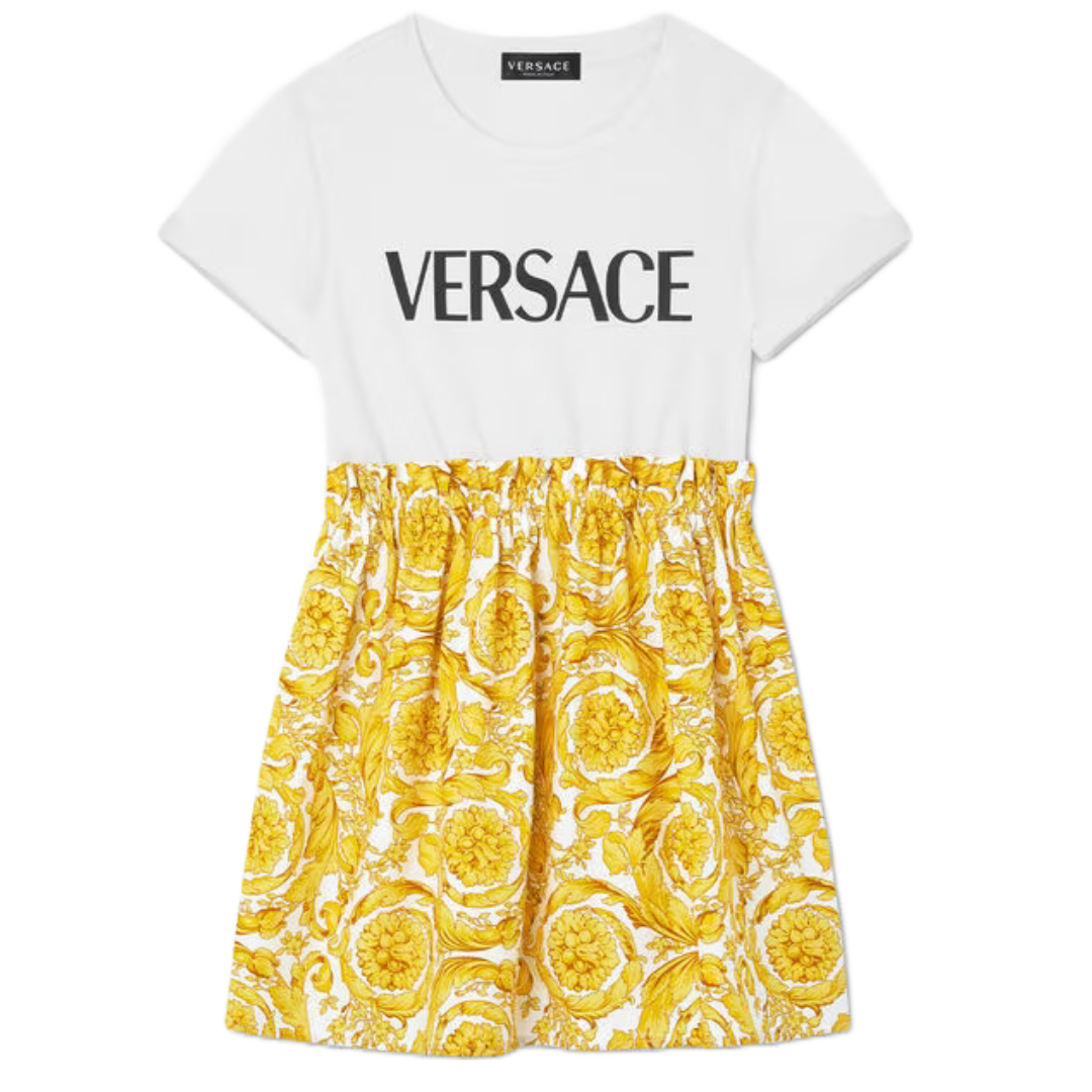 KIDS VERSACE BAROCCO TODDLER T-SHIRT DRESS WHITE/GOLD