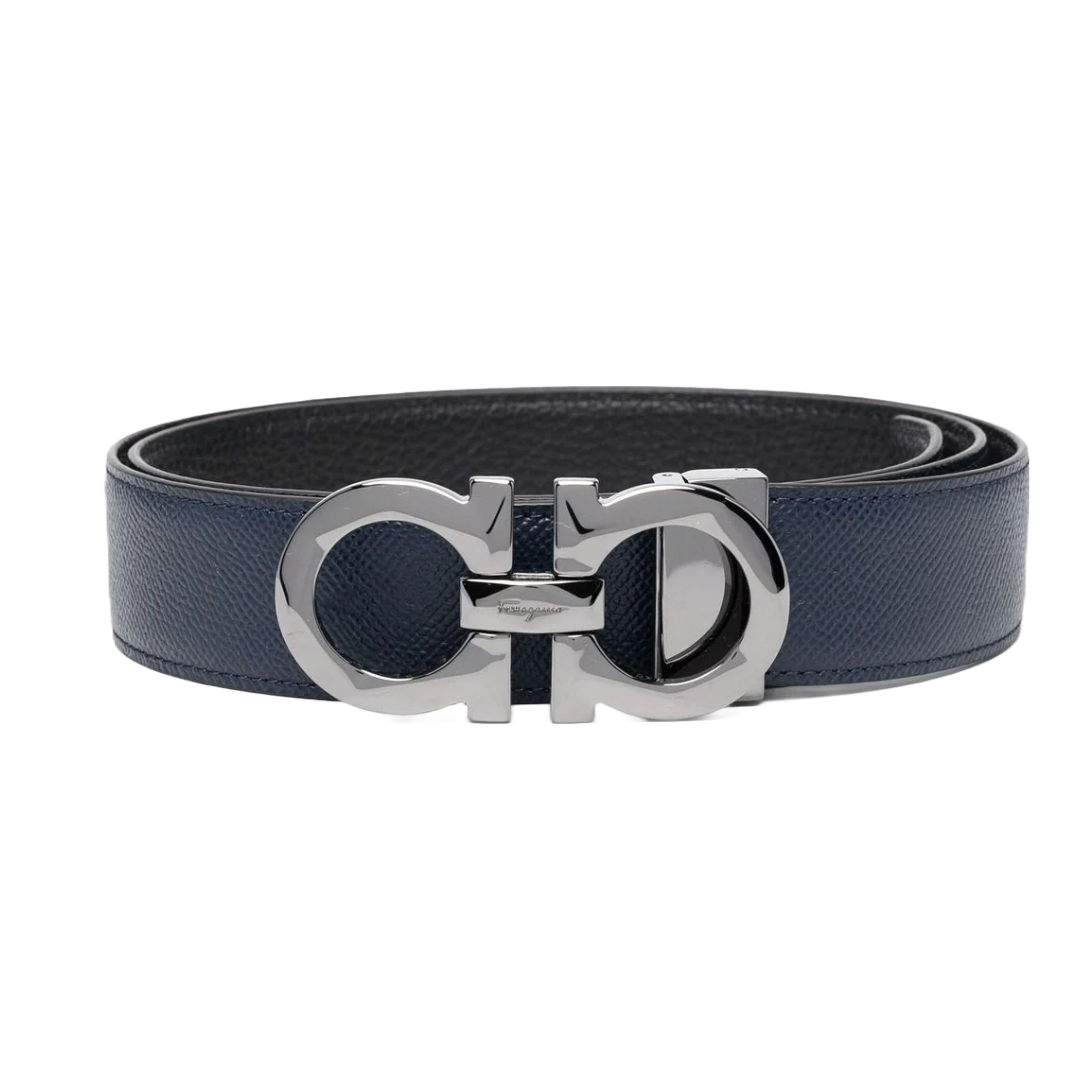 SALVATORE FERRAGAMO REVERSIBLE AND ADJUSTABLE GANCINI BELT OCEAN BLUE/BLACK