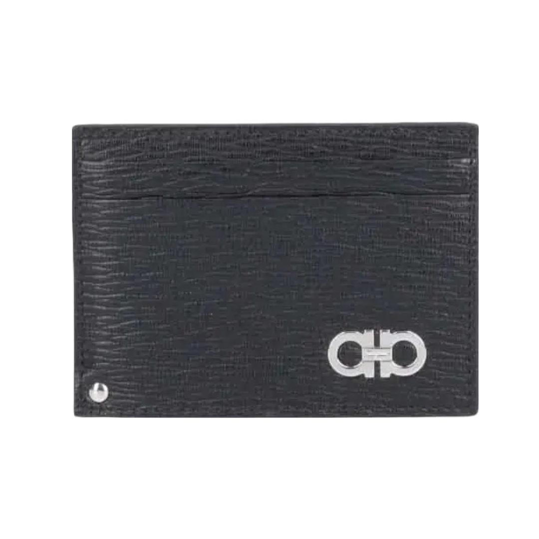 FERRAGAMO GANCINI CARD HOLDER WITH PULL-OUT ID WINDOW BLACK/BURGUNDY