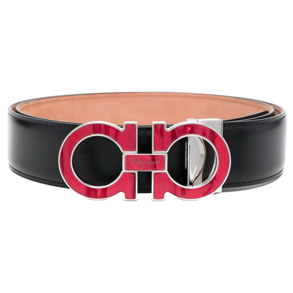 SALVATORE FERRAGAMO BELT BLACK SILVER/RED