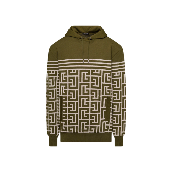 BALMAIN MONOGRAM & STRIPE KNITTED CLASSIC LS HOODIE KHAKI/IVORY