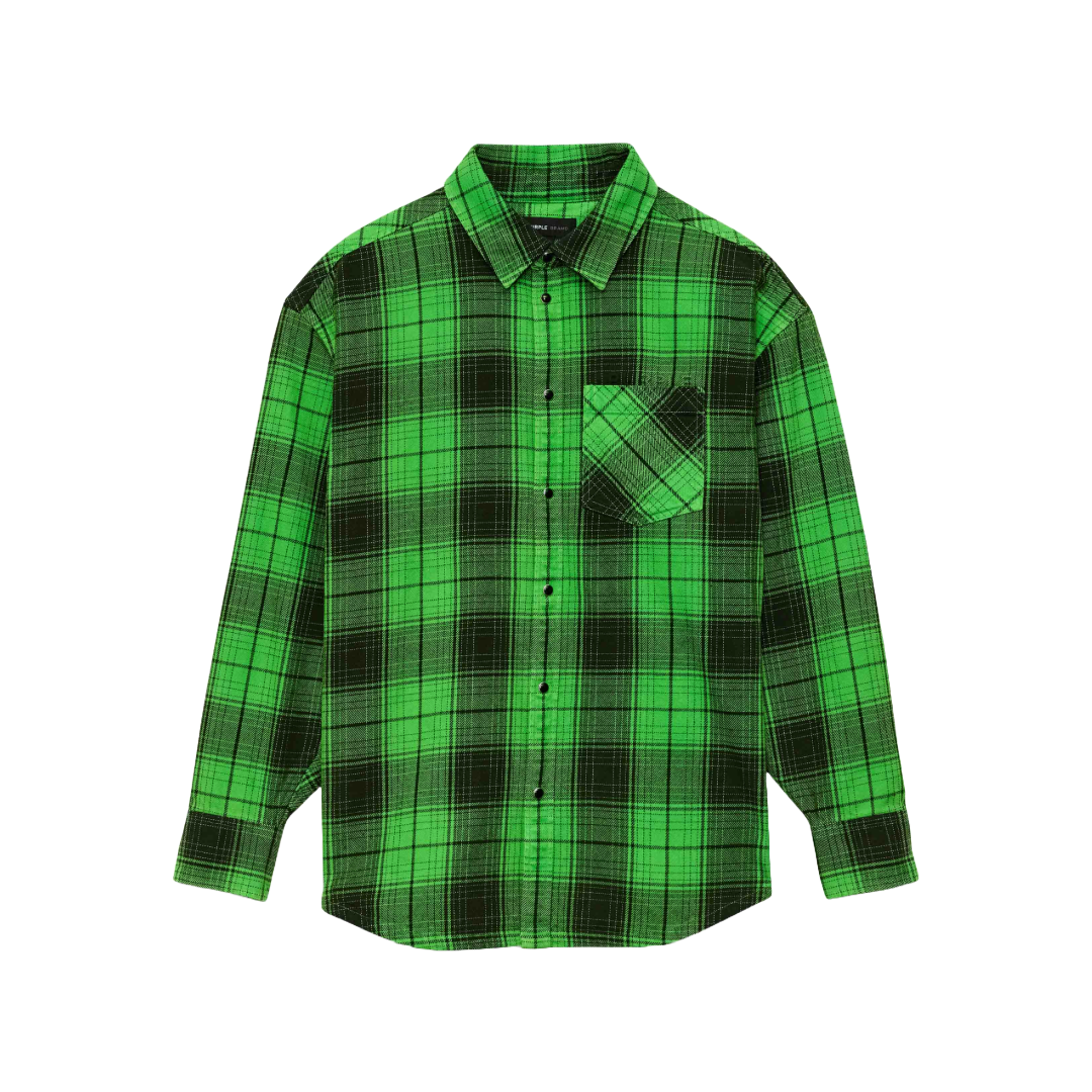 PURPLE BRAND PLAID LS SHIRT WORDMARK FLUORESCENT GREEN