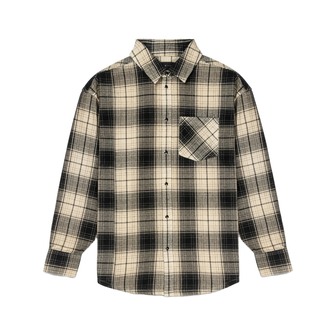 PURPLE BRAND PLAID LS SHIRT WORDMARK BROWN RICE OVERDYE  BROWN