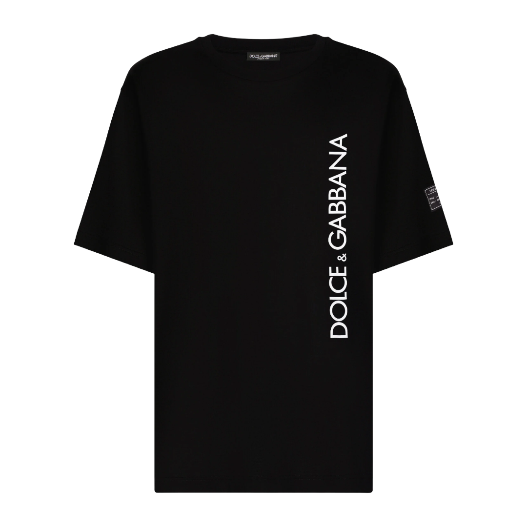 DOLCE & GABBANA SHORT-SLEEVED T-SHIRT WITH VERTICAL LOGO PRINT BLACK/WHITE