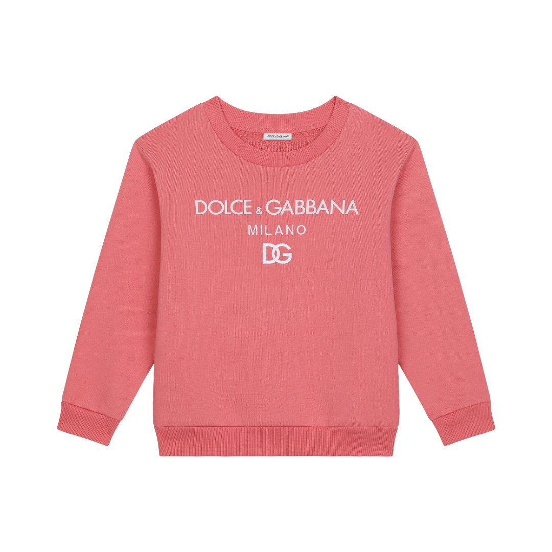 DOLCE & GABBANA KIDS ERSEY ROUND-NECK SWEATSHIRT WITH DG MILANO EMBROIDERY PINK