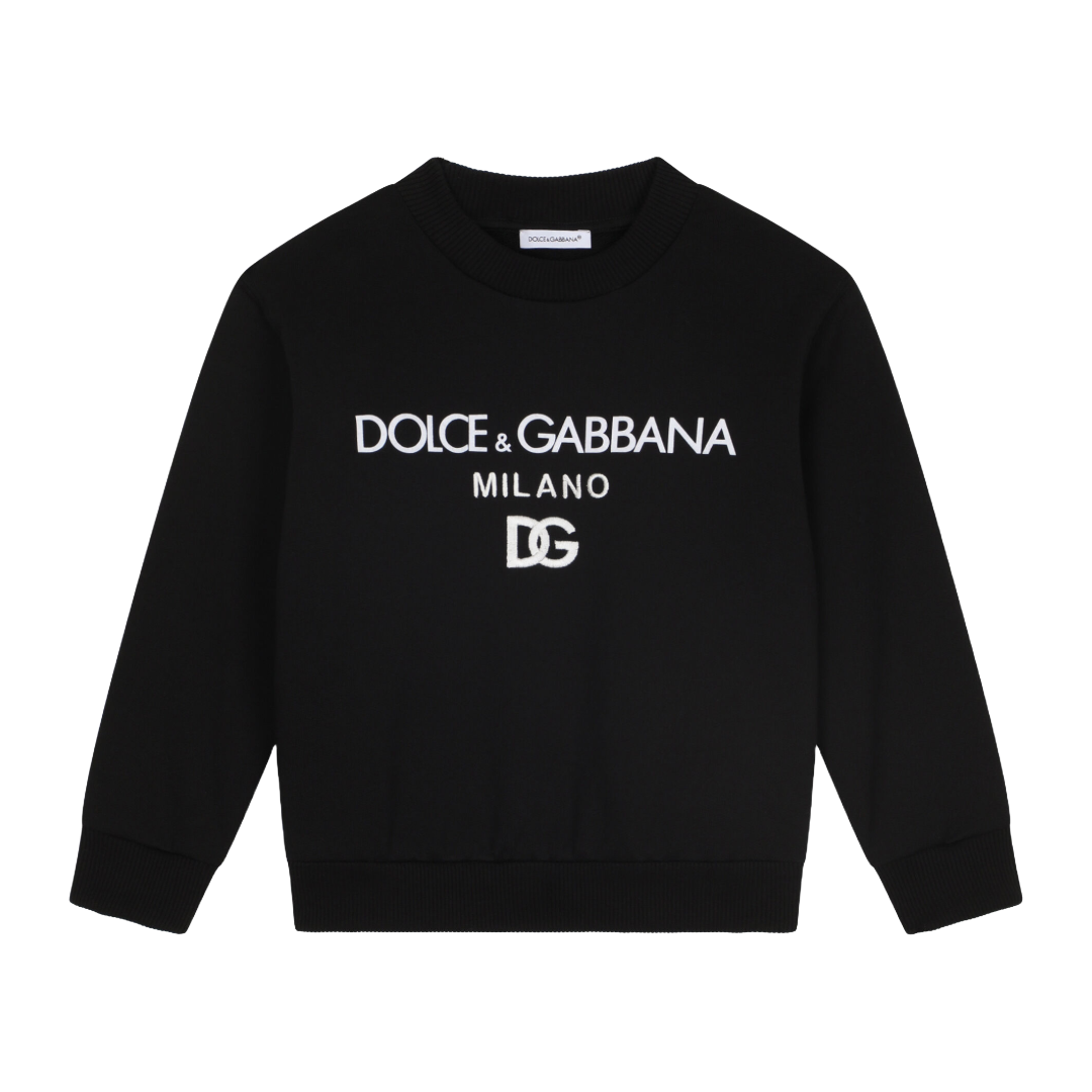 DOLCE & GABBANA KIDS  JERSEY ROUND-NECK SWEATSHIRT WITH DG MILANO EMBROIDERY BLACK