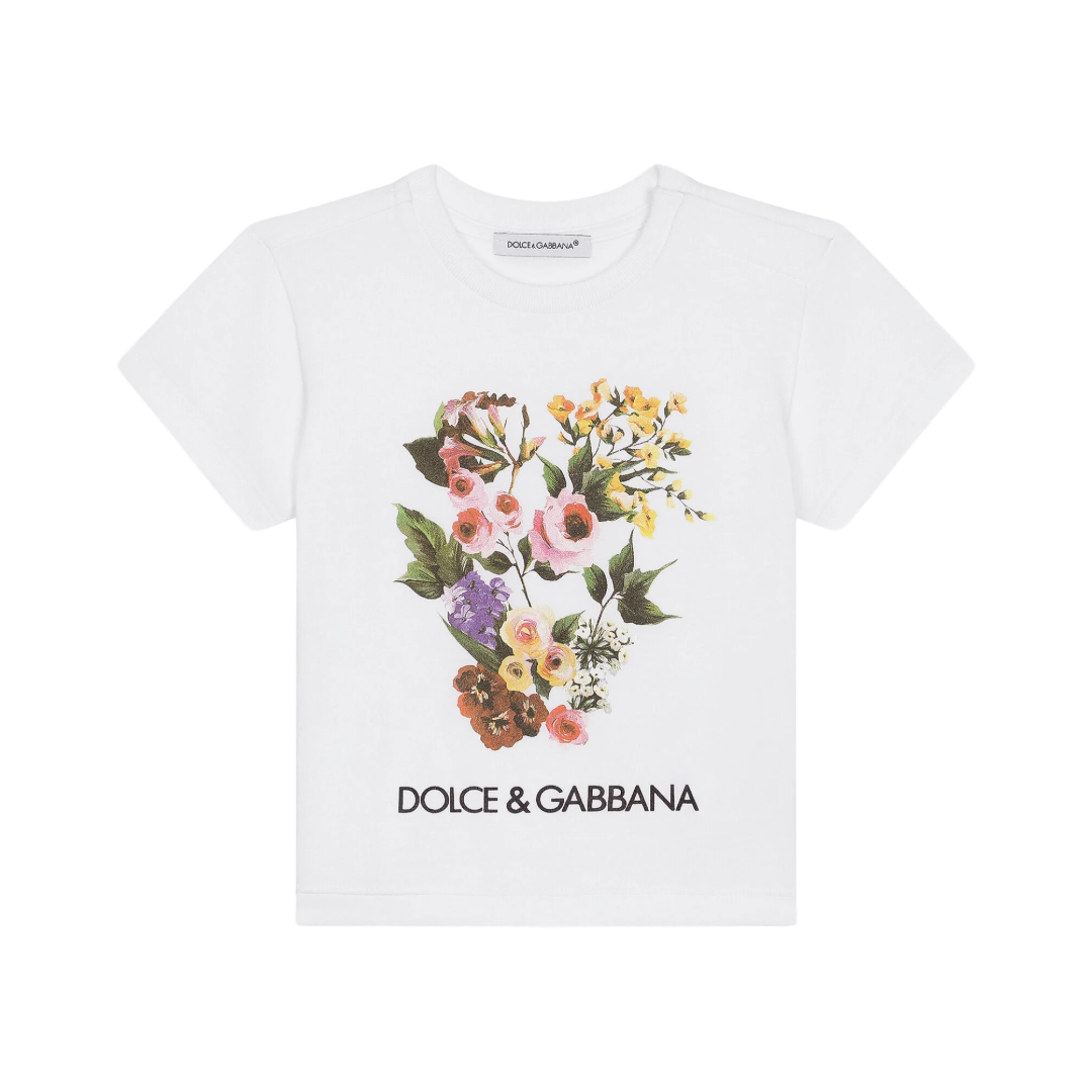 DOLCE & GABBANA KIDS JERSEY T-SHIRT WITH MIXED FLORAL PRINT WHITE