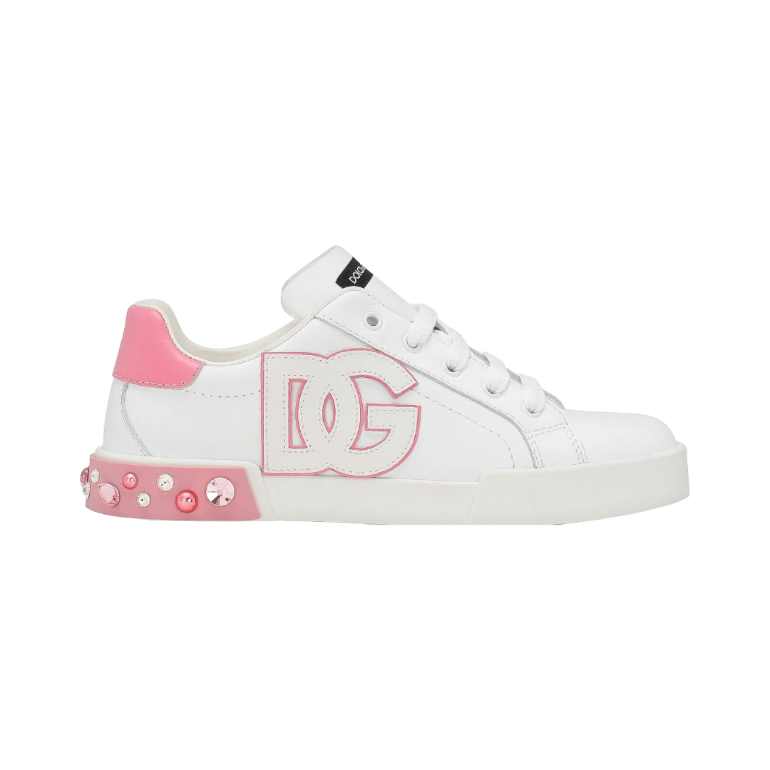 DOLCE & GABBANA KIDS CALFSKIN PORTOFINO SNEAKERS WHITE/PINK