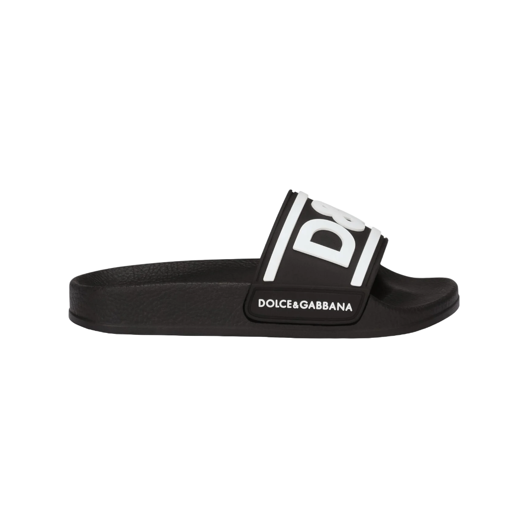 DOLCE & GABBANA KIDS RUBBER SLIDERS WITH LOGO PRINT  BLACK/WHITE