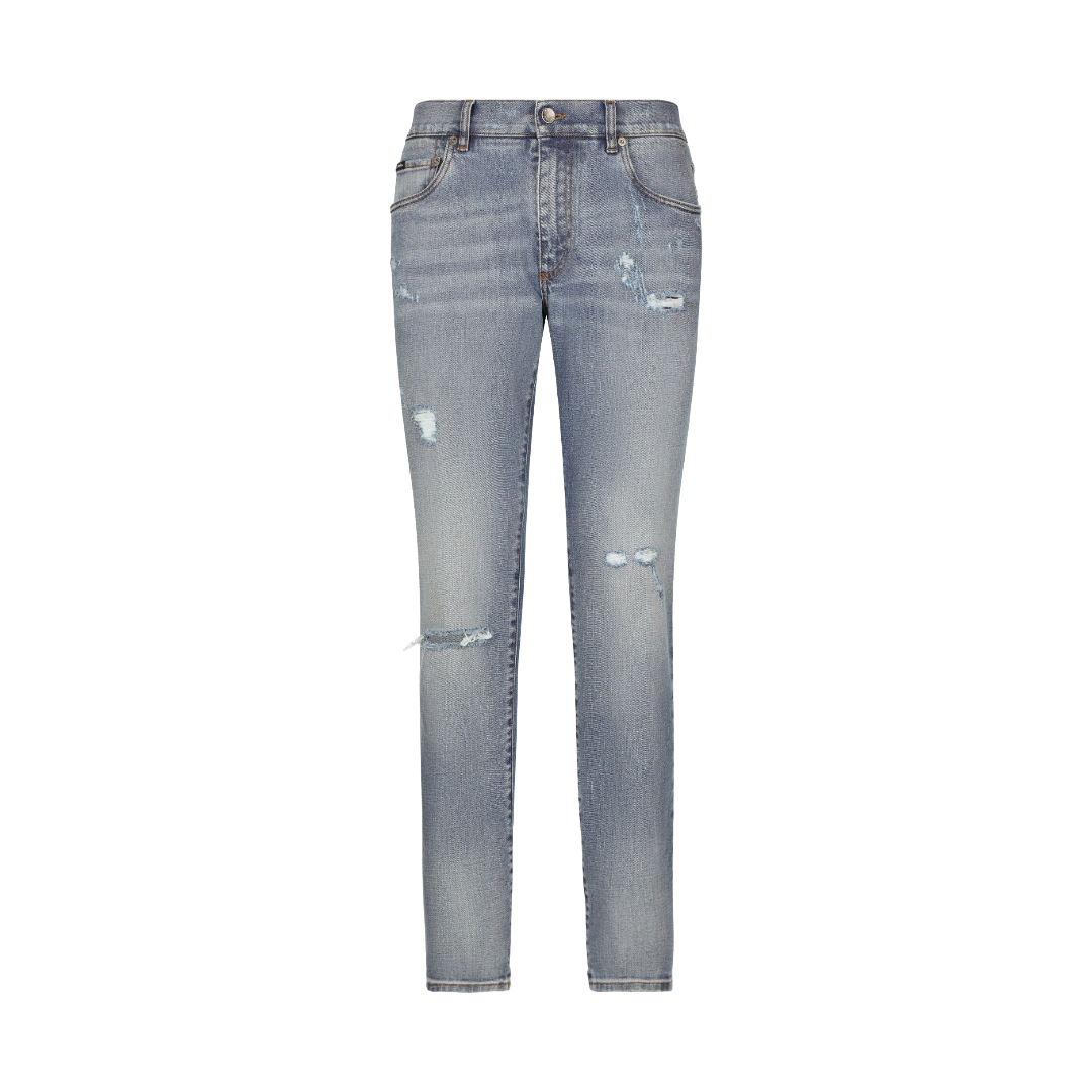 DOLCE & GABBANA SLIM-FIT BLUE STRETCH DENIM JEANS WITH ABRASIONS BLUE