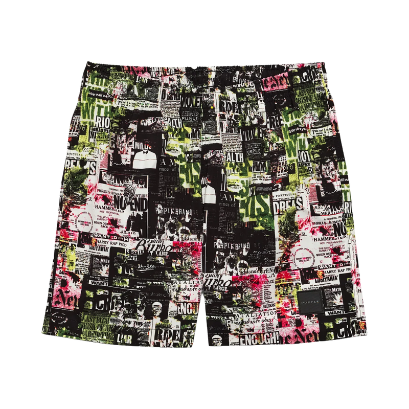 PURPLE BRAND THE NEWS ALL AROUND SHORTS ALL OVER PRINT