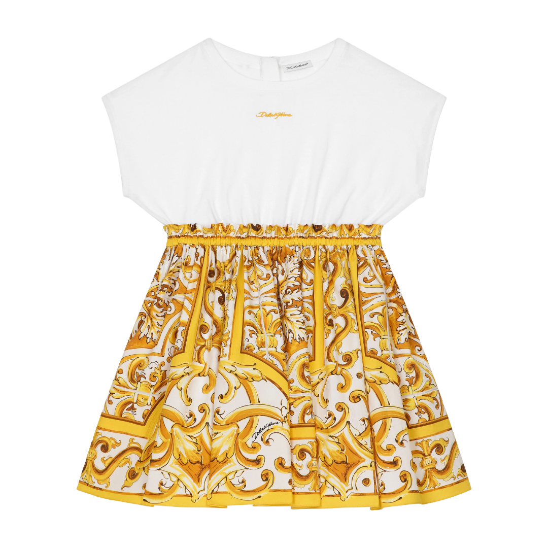 KIDS POPLIN AND JERSEY DRESS WITH YELLOW MAJOLICA PRINT