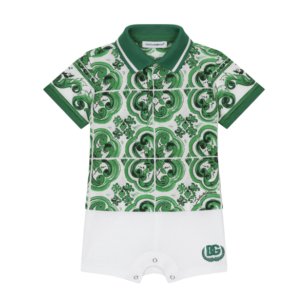 PIQUE ONESIE WITH GREEN MAJOLICA PRINT AND DG LOGO GREEN