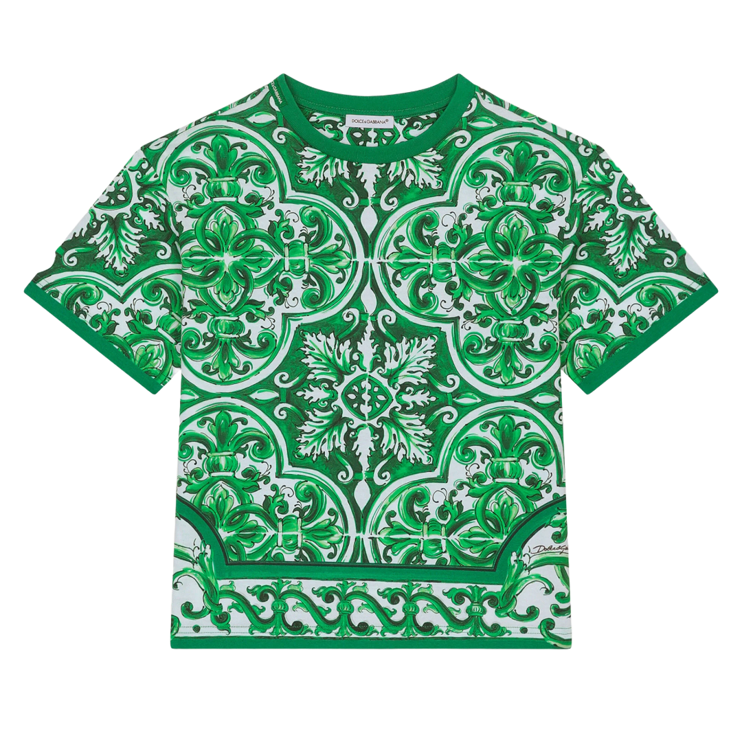 KIDS JERSEY T-SHIRT WITH GREEN MAJOLICA PRINT