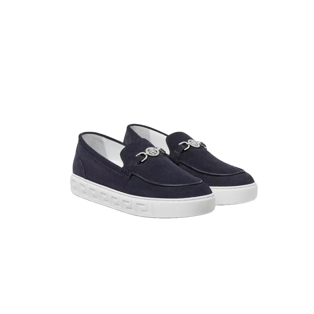 VERSACE MEDUSA '95 SUEDE GRECA LOAFERS NAVY BLUE