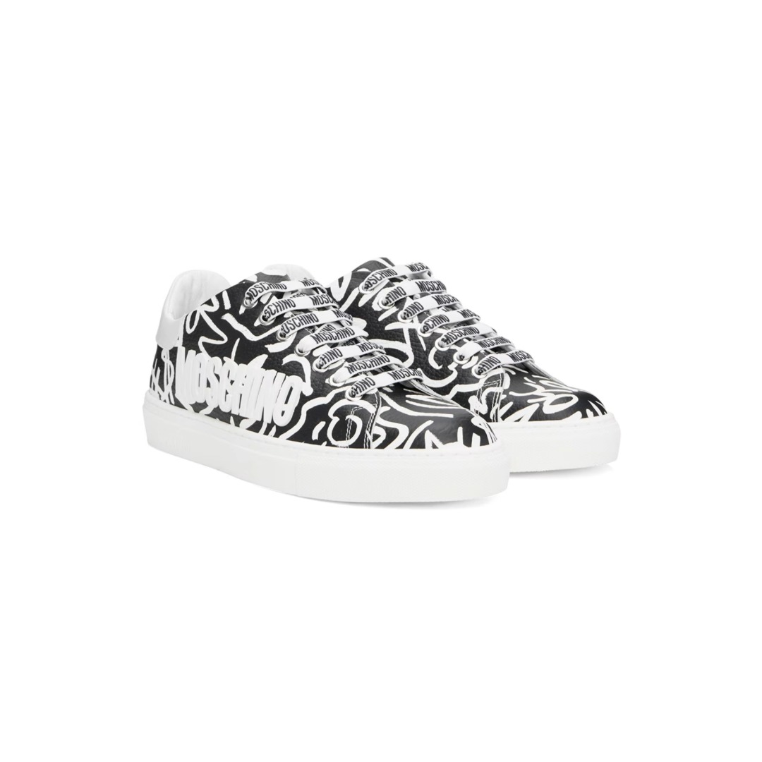 MOSCHINO ALL OVER LOGO LEATHER SNEAKERS