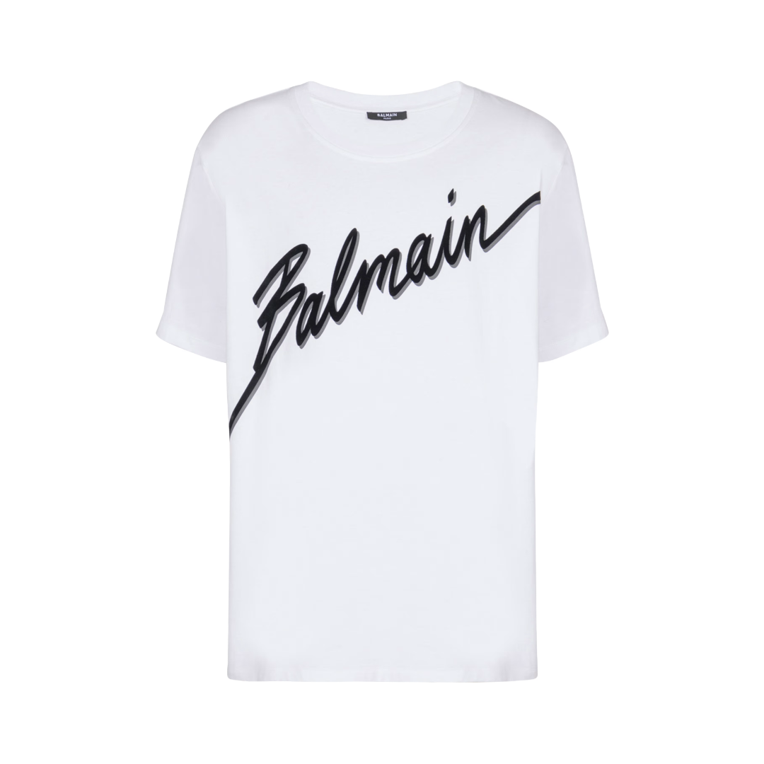 T-SHIRT WITH FLOCKED BALMAIN LETTER LOGO WHITE