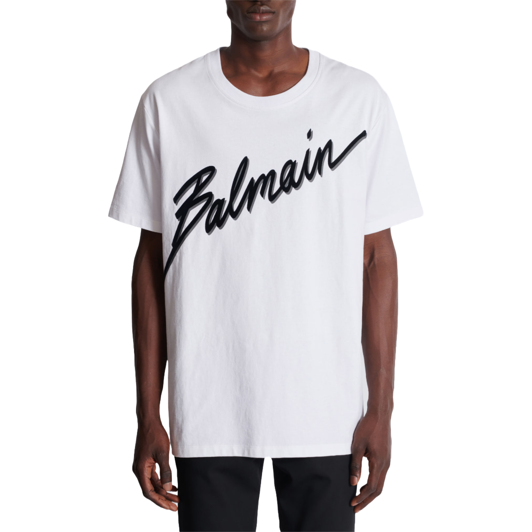 T-SHIRT WITH FLOCKED BALMAIN LETTER LOGO WHITE