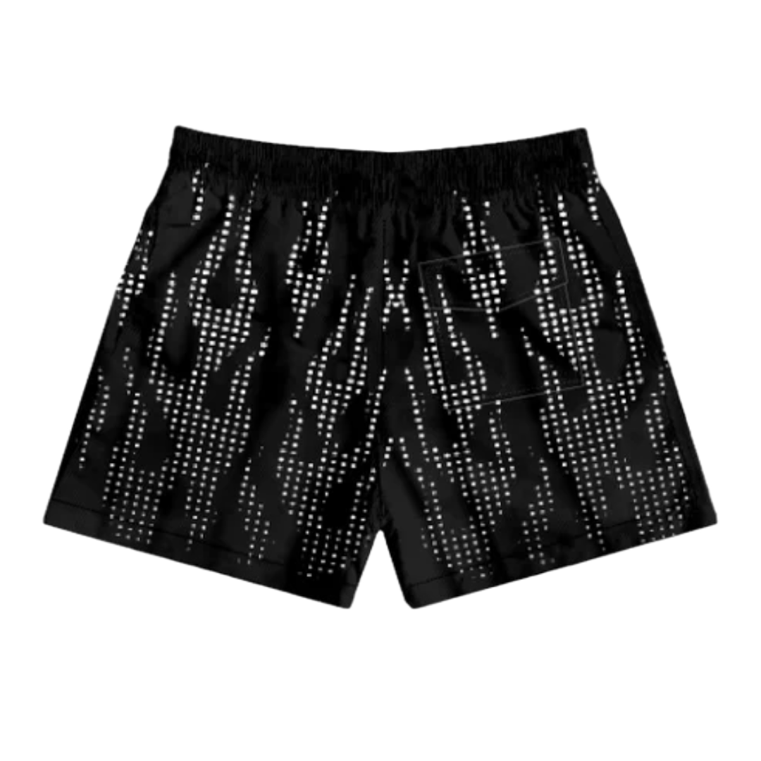 PURPLE BRAND ALL AROUND MESH FLAMES SHORTS BLACK