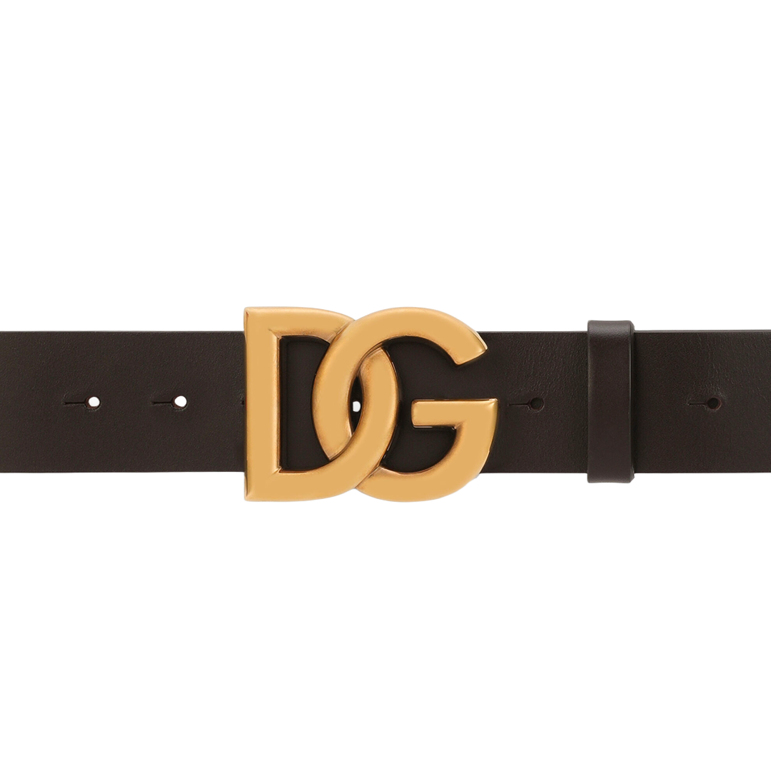 DOLCE & GABBANA LUX LEATHER BELT CROSSOVER LOGO GOLD/DARK BROWN