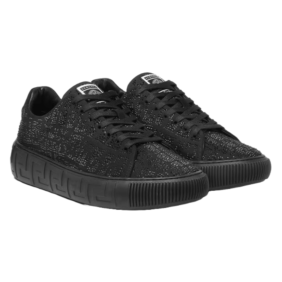 VERSACE MENS GRECA SNEAKER CRYSTAL CROC-EFFECT BLACK