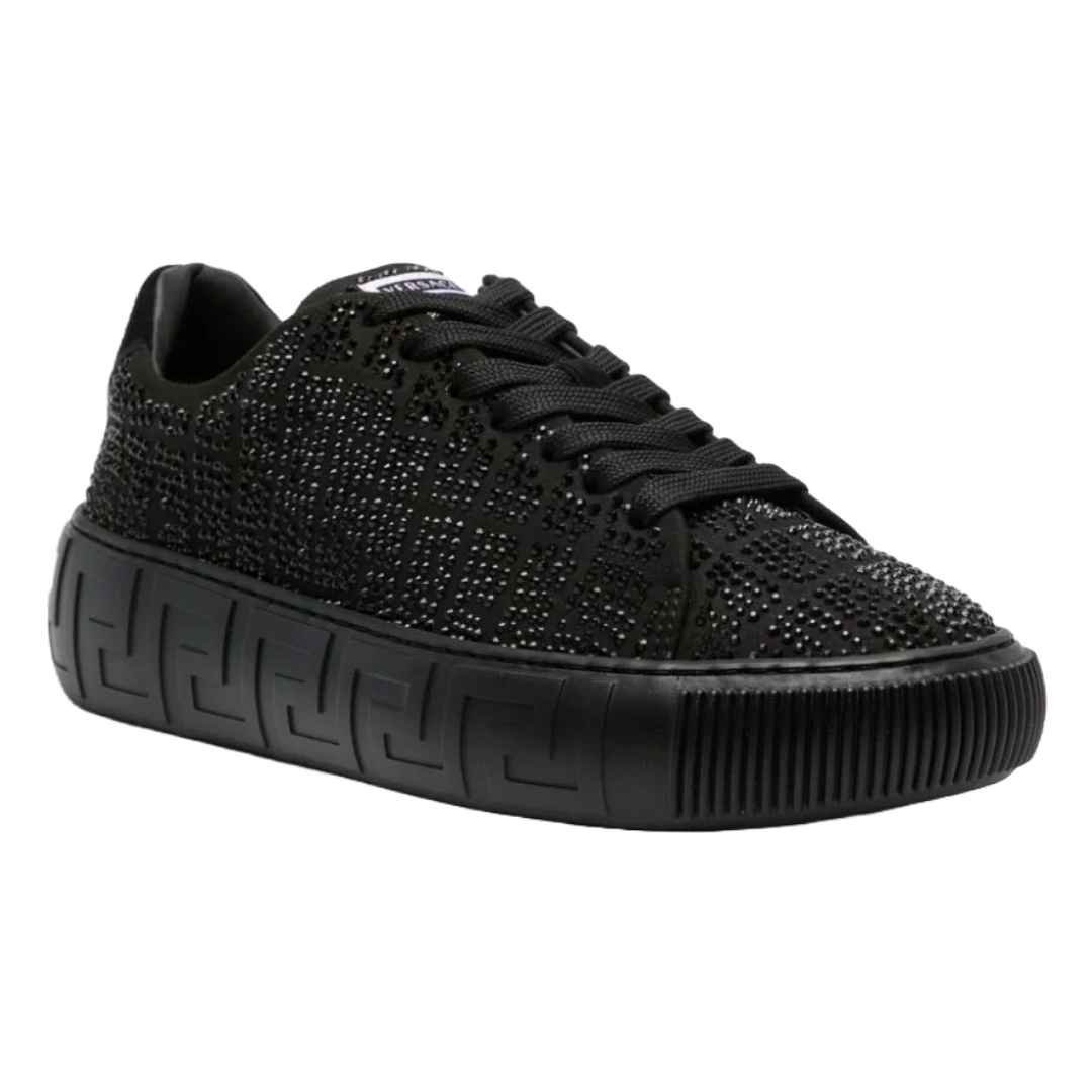 VERSACE WOMENS GRECA CRYSTAL EMBELLISED SNEAKER BLACK