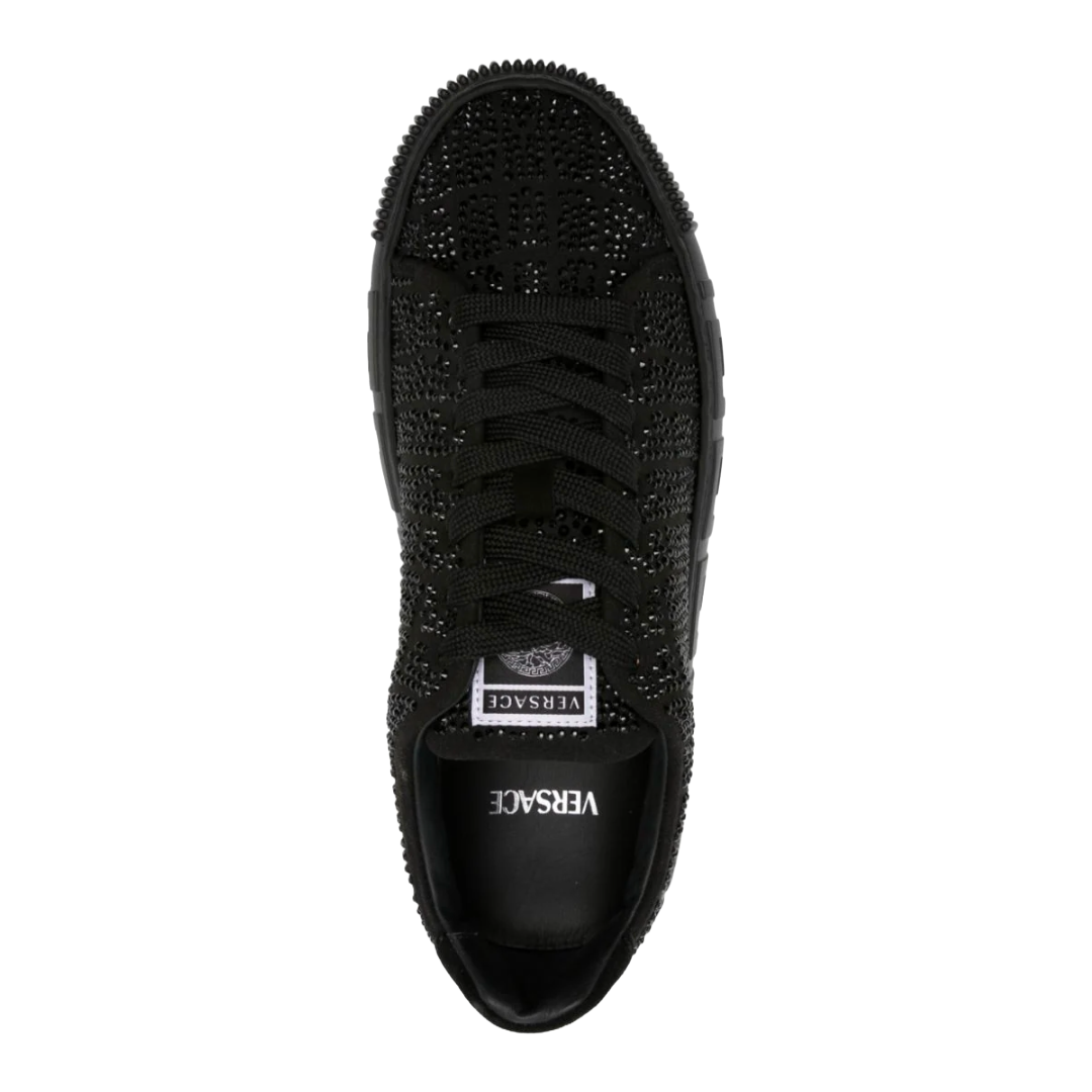 VERSACE WOMENS GRECA CRYSTAL EMBELLISED SNEAKER BLACK