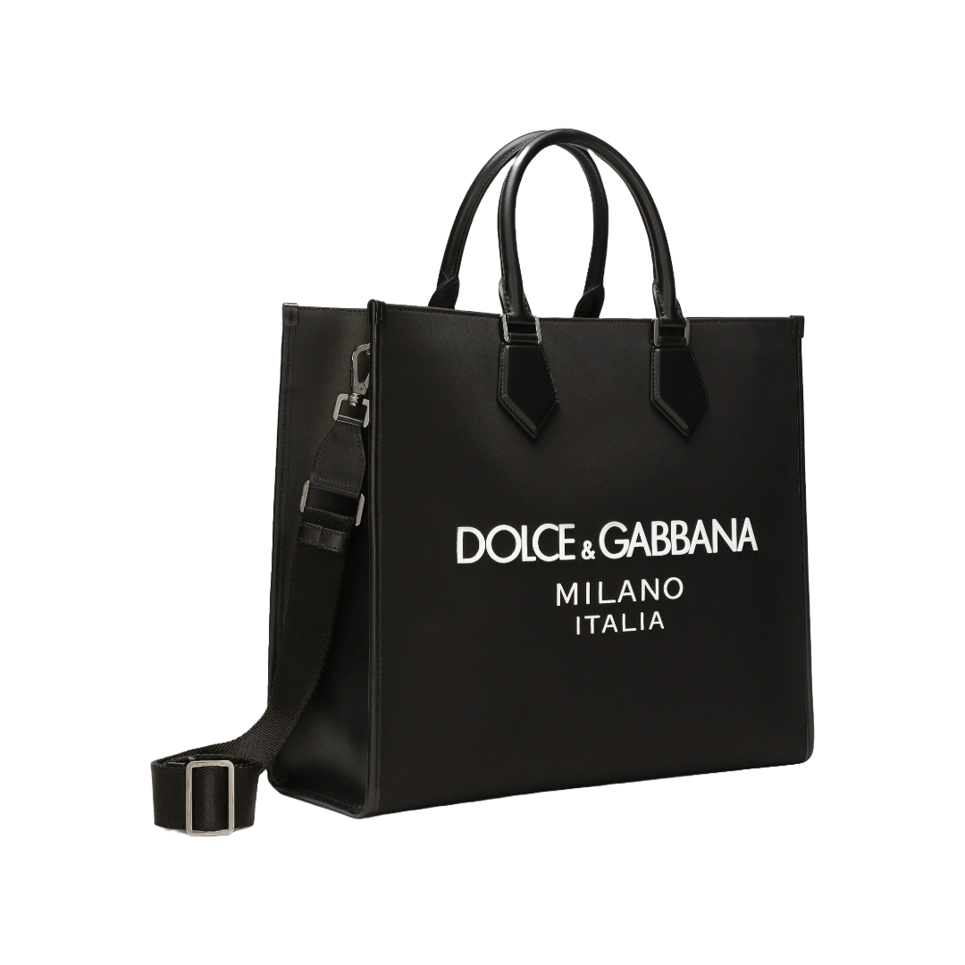 DOLCE & GABBANA LARGE NYLON SHOPPER WITH RUBBERIZED LOGO BLACK /WHITE