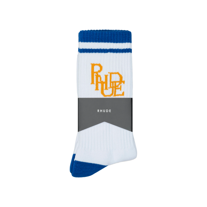 RHUDE SCRIBBLE LOGO SOCK WHITE/MIDNIGHT BLUE/YELLOW