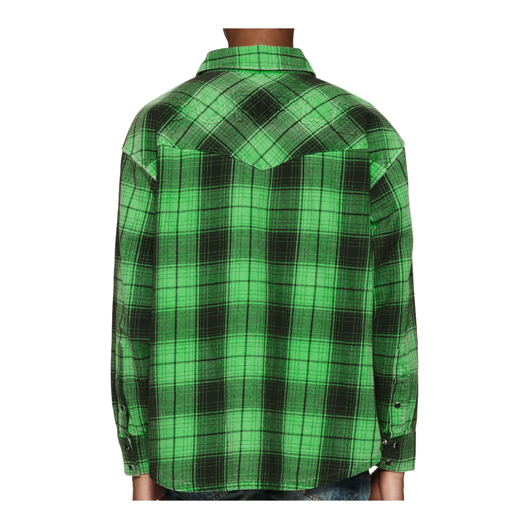 PURPLE BRAND PLAID LS SHIRT WORDMARK FLUORESCENT GREEN