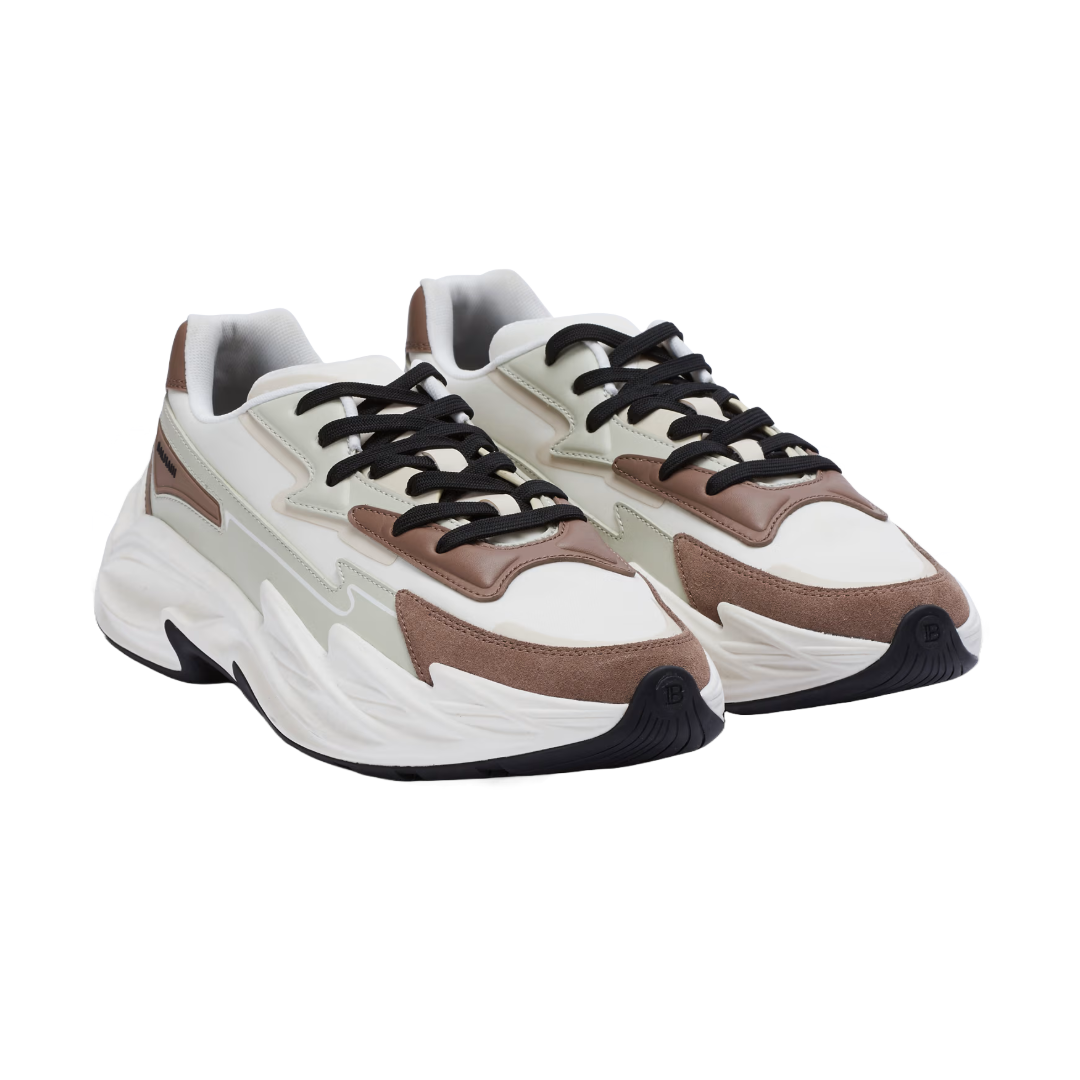 BALMAIN RUN-ROW LEATHER AND NYLON TRAINERS WHITE