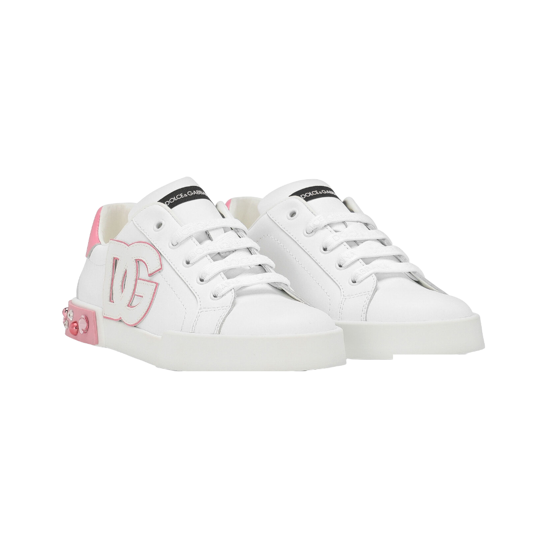 DOLCE & GABBANA KIDS CALFSKIN PORTOFINO SNEAKERS WHITE/PINK