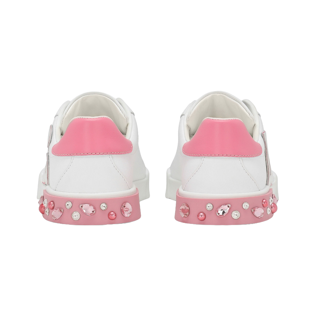 DOLCE & GABBANA KIDS CALFSKIN PORTOFINO SNEAKERS WHITE/PINK