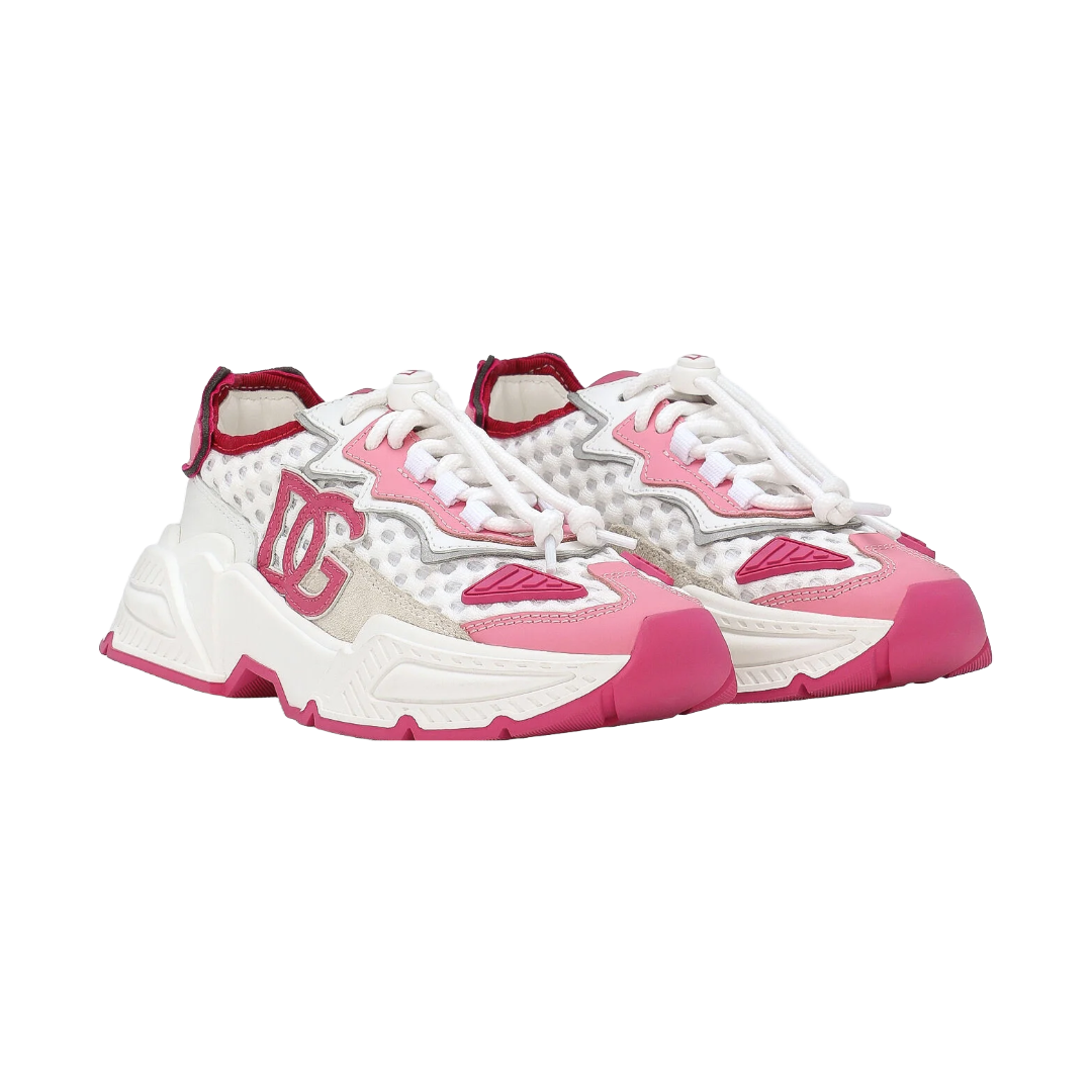 DOLCE & GABBANA KIDS MIXED-MATERIALS DAYMASTER SNEAKERS WHITE/PINK