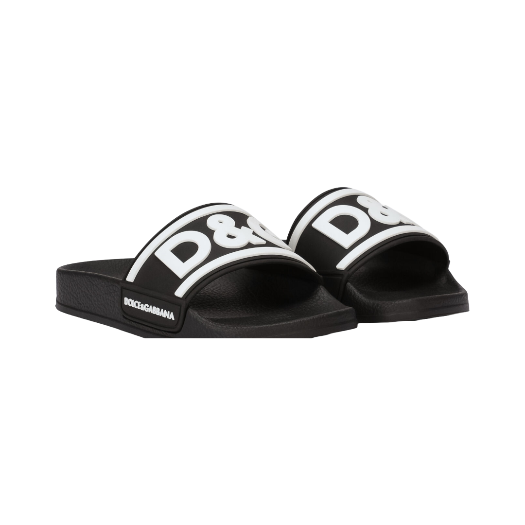 DOLCE & GABBANA KIDS RUBBER SLIDERS WITH LOGO PRINT  BLACK/WHITE