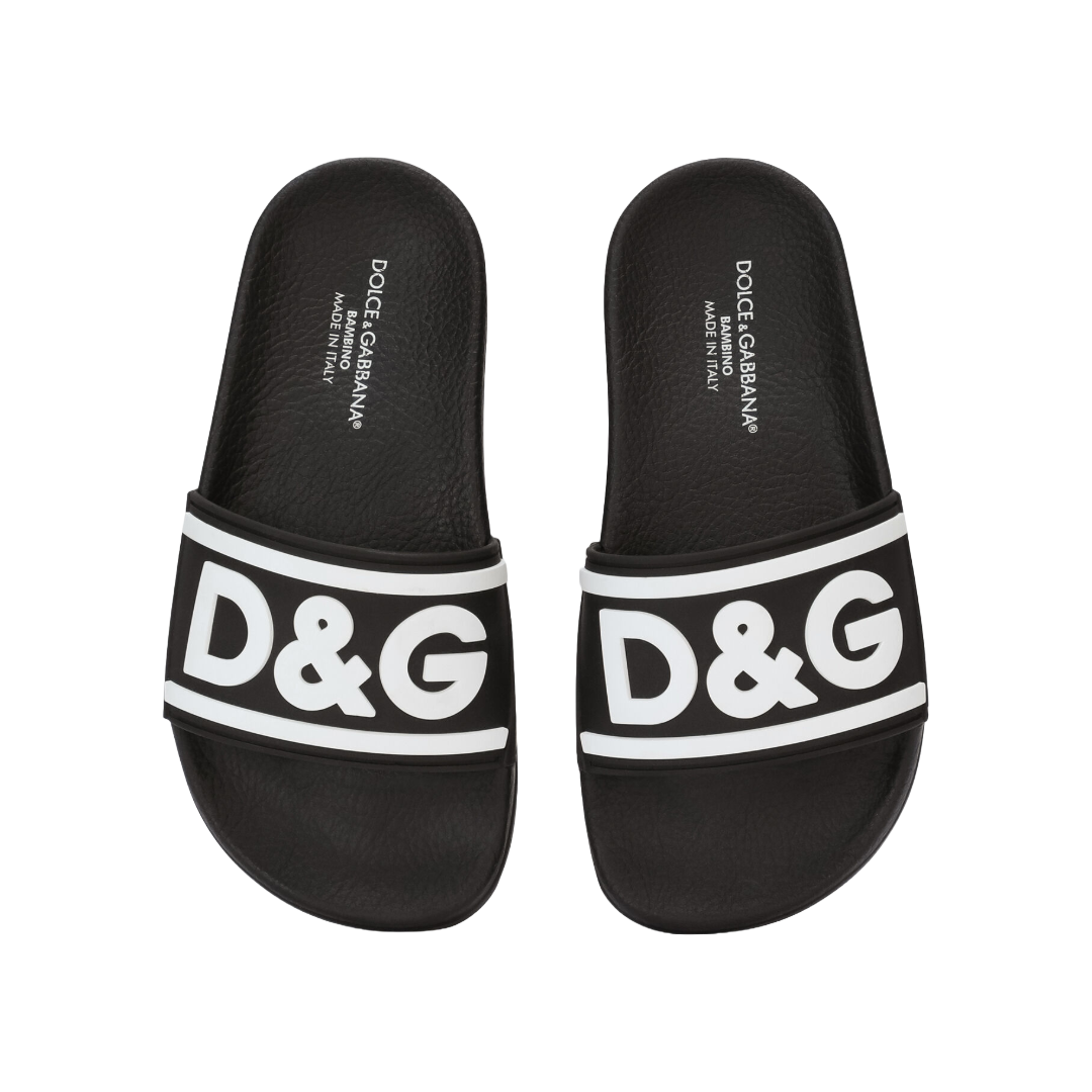 DOLCE & GABBANA KIDS RUBBER SLIDERS WITH LOGO PRINT  BLACK/WHITE