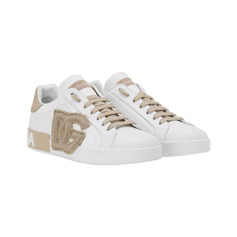 DOLCE & GABBANA CALFSKIN PORTOFINO SNEAKERS WHITE/BEIGE